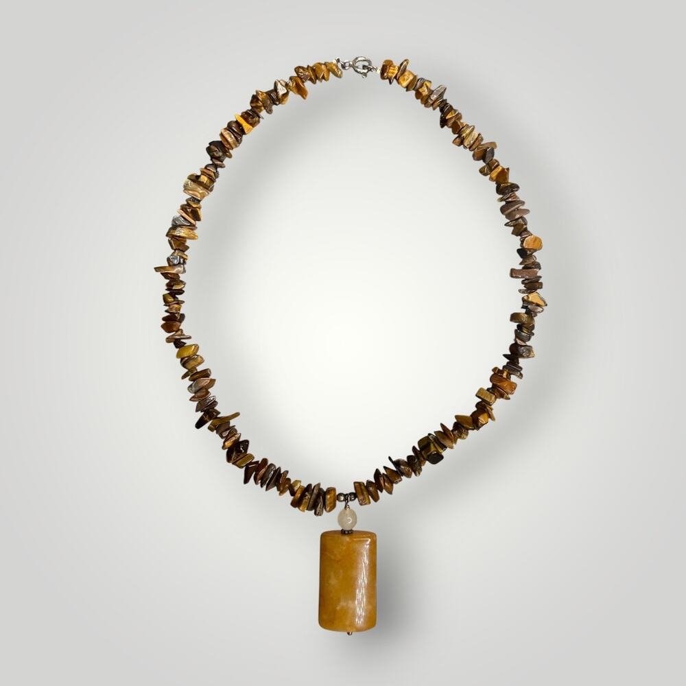Vintage Tiger Eye Gemstone Chip Necklace Sterling Silver 925 Yellow Jade Pendant